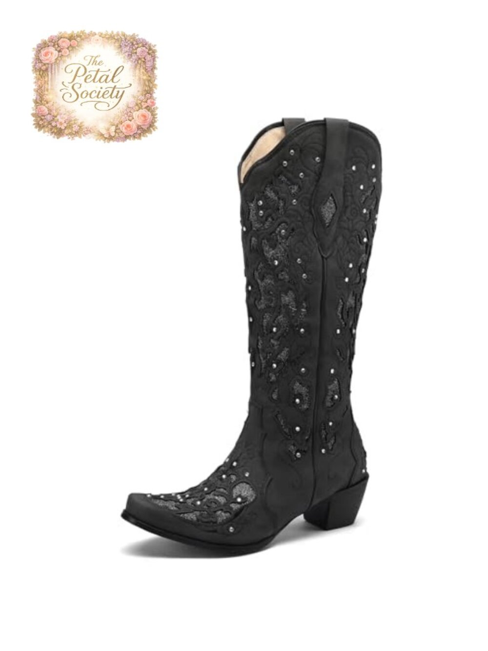 Women's Knee High Western Boots Chunky Heel Pointed Toe Rhinestone Pull On